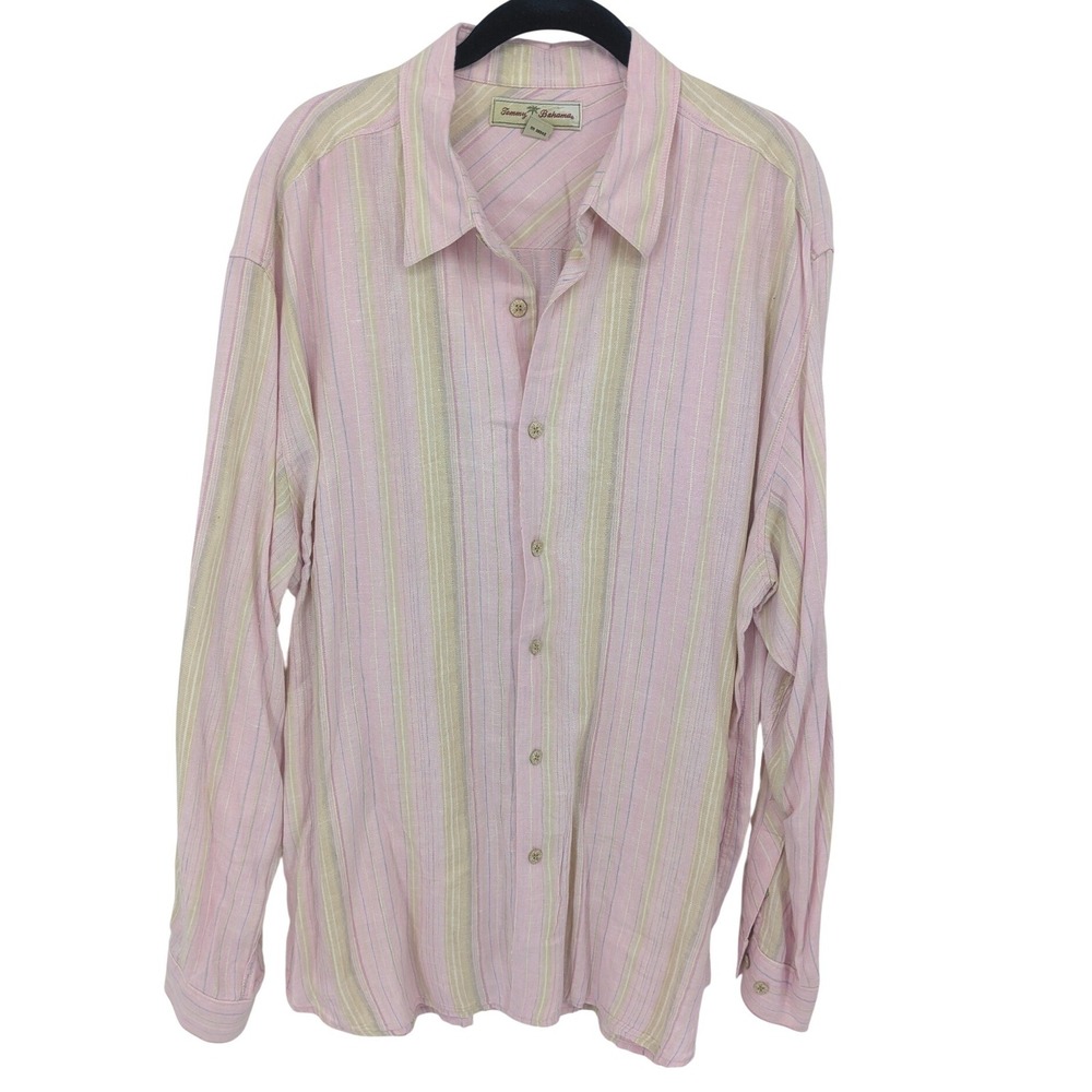 Tommy Bahama Linen Top Women XL Pink Striped Long Sleeve Button Up Tunic Coastal